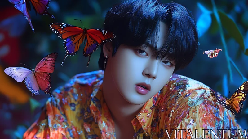 Butterfly-kissed night muse in neon forest hush.