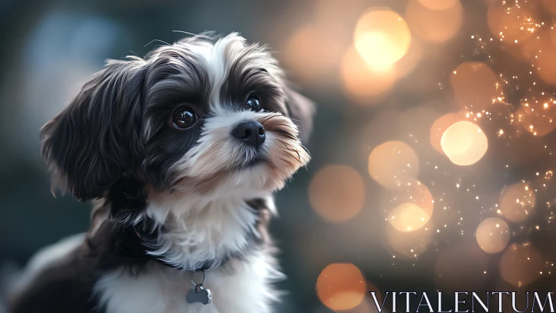 Small dog gazes left against defocused warm light bokeh field