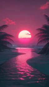 Dreamy neon sunset flows along a calm tropical shoreline