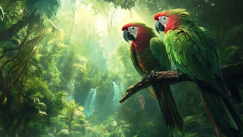 Scarlet green macaws perched in humid backlit jungle canopy