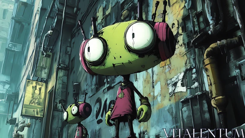 Distorted cartoon robots explore weathered urban alley with textured decay