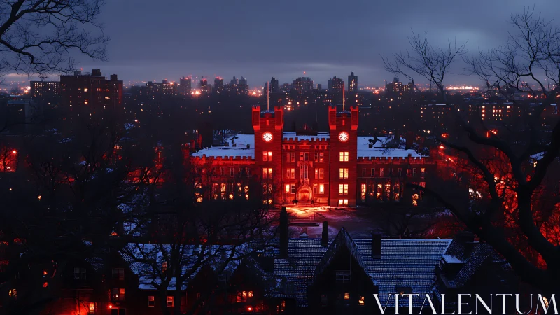 Red lit gothic campus building at night in winter city.