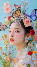 Floral portrait of young woman crowned with vivid butterflies.