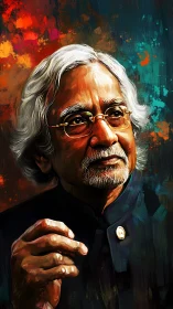 Elderly intellectual portrait glows against vivid abstract backdrop