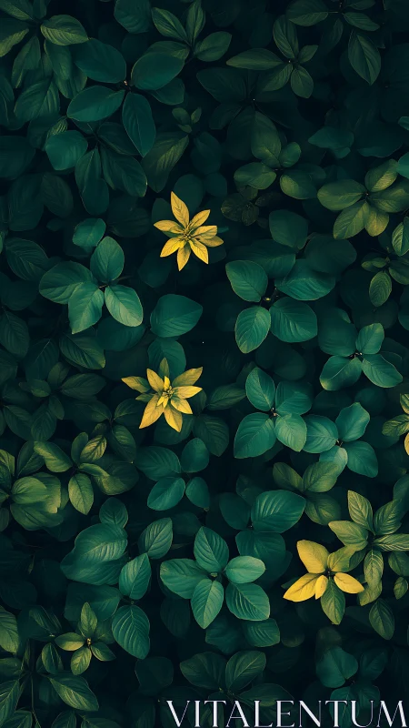 Golden leaves glow gently within a deep emerald foliage bed