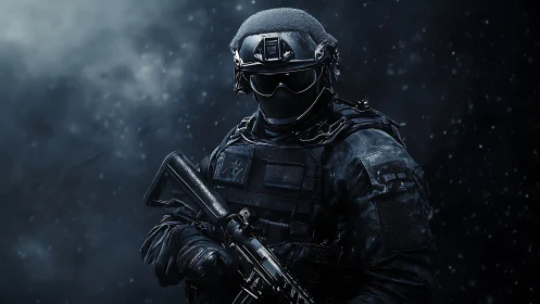 Tactical special forces operator in winter combat gear at night