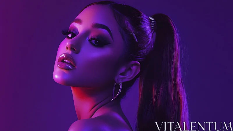 Neon lit portrait of a poised woman in bold magenta glow