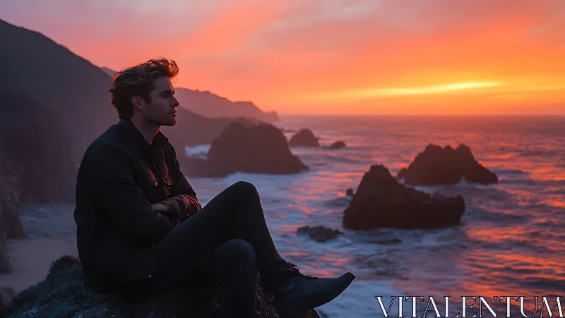 Man sits on coastal cliff edge observing vivid ocean sunset