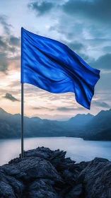 Sapphire banner on storm-kissed peak above tranquil fjord.