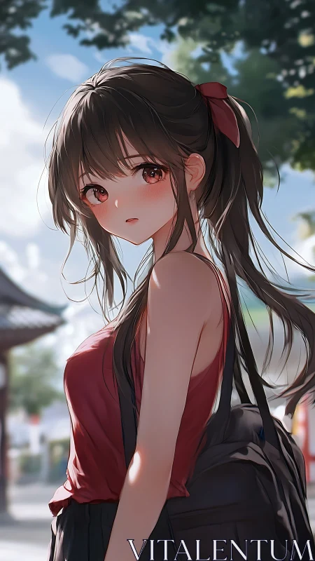 Sunlit summer stroll with a shy red ribbon girl.