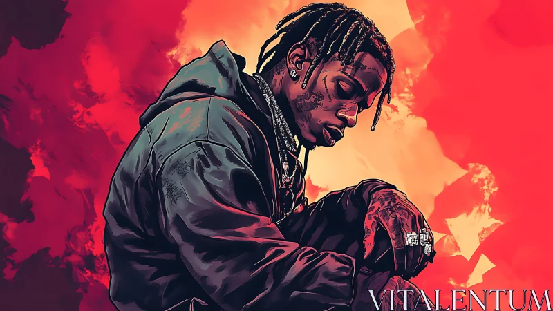 Moody hip-hop portrait glowing against bold red skies.