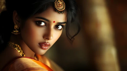Woman in traditional Indian jewelry with intense gaze.