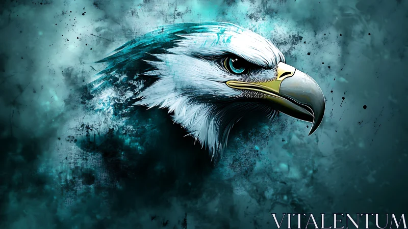 Majestic Bald Eagle Digital Portrait in Abstract Blue Tones.