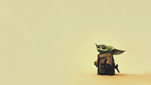 Stylized green alien child in robe on minimal sandy ground