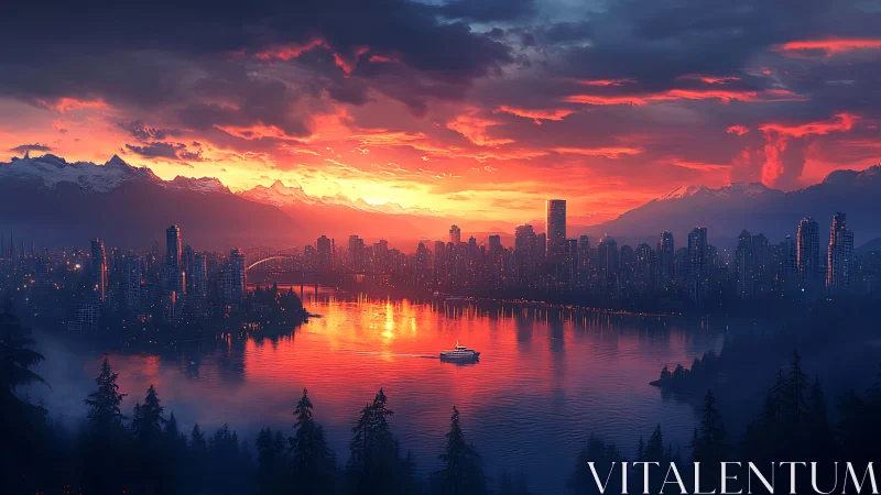 High dynamic range sunset cityscape over reflective harbor waters