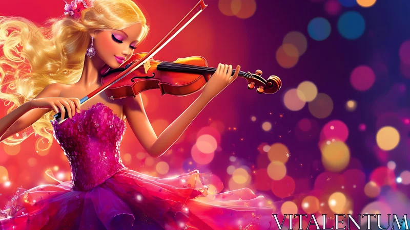 Glamorous blonde violinist glows amid sparkling bokeh lights.