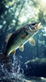 Leaping freshwater bass in luminous forest streamscape.