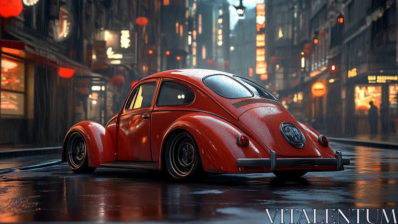 Red compact car rendered on wet urban street at night