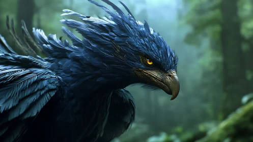 Majestic Blue Mythical Bird in Lush Forest, Fantasy Art Style.