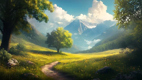 Sunlit alpine valley path under dramatic cumulus cloudscape