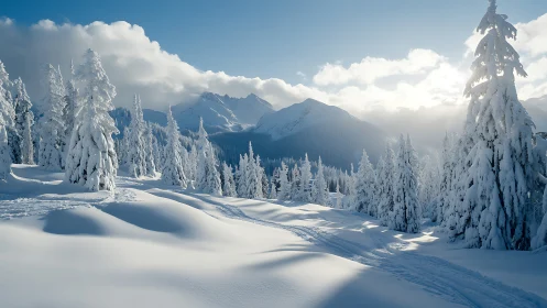 Snow-covered conifer forest extends toward distant mountains
