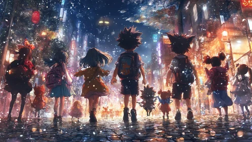 Anime children walk through glowing city street snowfall.