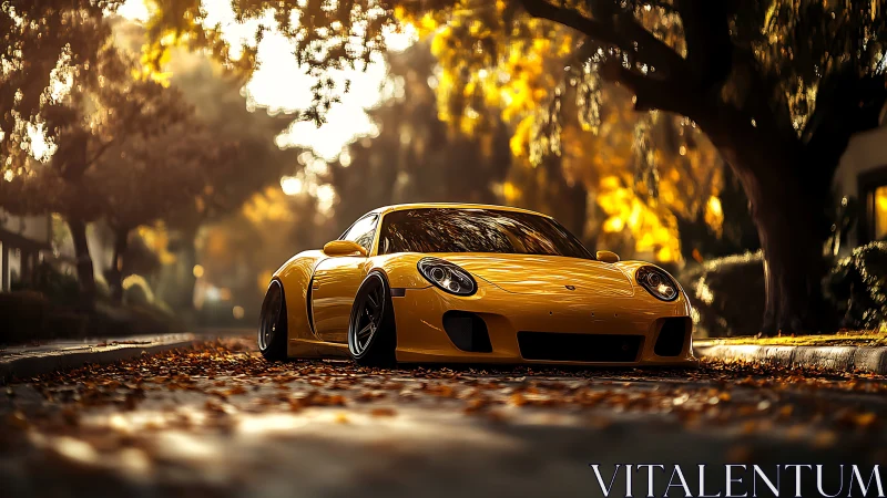 Photorealistic yellow sports coupe in autumn street bokeh focus.
