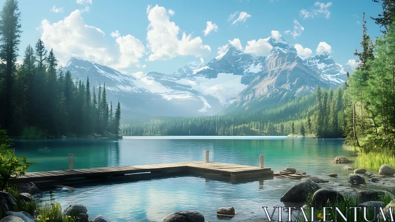 Mountain lake with wooden dock under clear blue sky.