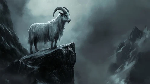 Mountain goat rendered on jagged cliff in desaturated storm haze