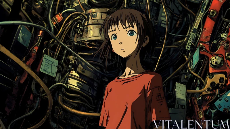 Curious young teen stands amid tangled futuristic machines