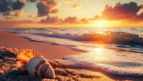 Golden sunset waves gently frame a shell along the shore