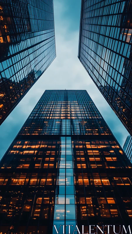 Symmetric glass skyscrapers form converging vertical axes at dusk