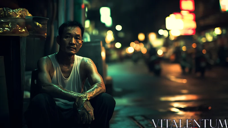 Quiet night pause on a neon city street feels deeply human