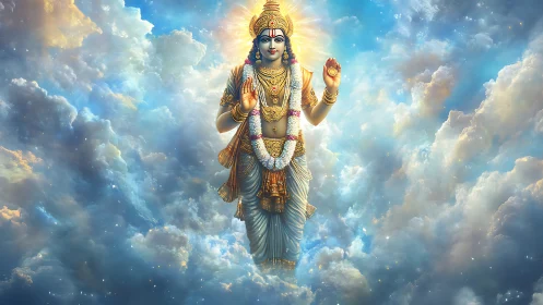 Radiant celestial deity drifting through blazing sky clouds.