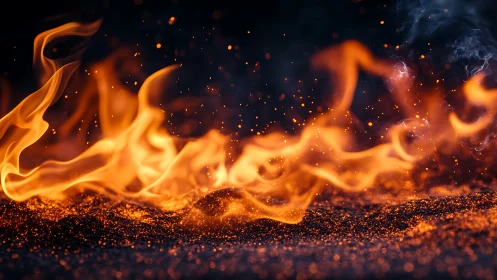 Dynamic Fire Flames with Glowing Embers Against Dark Background.