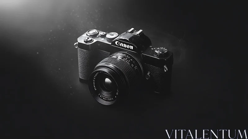 Vintage Canon Camera with Classic Lens in Dramatic Monochrome