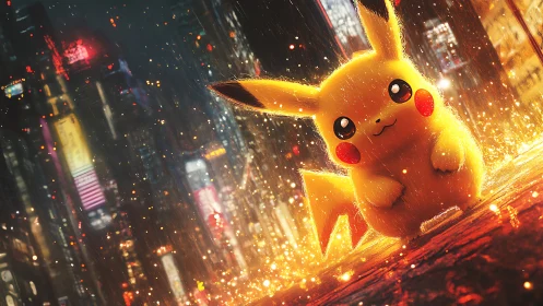 Neon-lit Pikachu rendered in cinematic cyberpunk rainscape