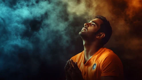 Athlete in orange jersey gazes upward amid bicolor stadium smoke