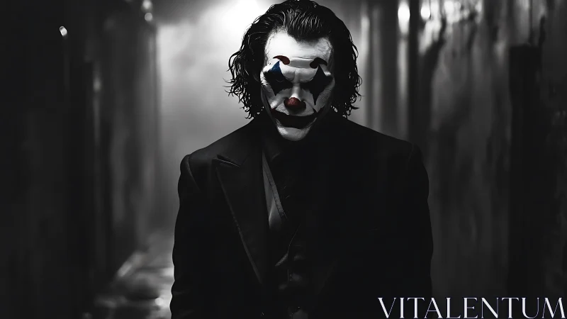 Shadowed clown figure stalks a misty monochrome alleyway.