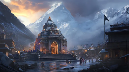 Golden mountain temple glowing softly in the evening mist.