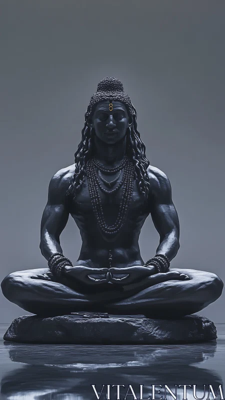 Serene dark statue of meditating figure in lotus pose.