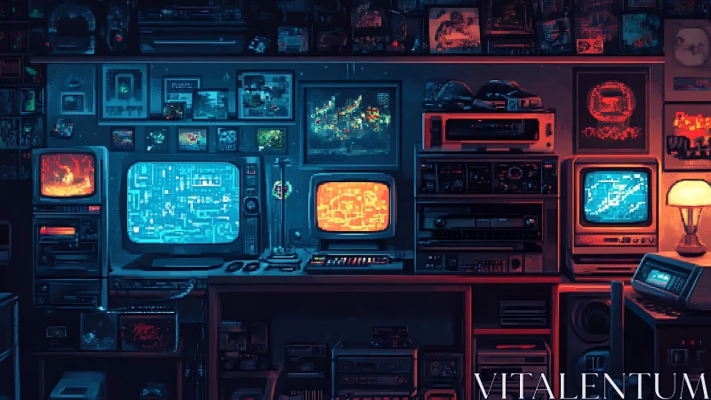 Retro command center glows with neon-lit vintage tech.