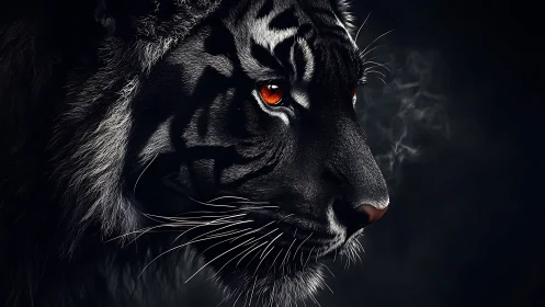 Midnight tiger gazes ahead with glowing amber eyes