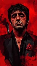 Stylized portrait of solemn man in dark suit on red field.