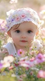 Ethereal Doll Portrait Among Delicate Pink and White Cosmos Flowers
