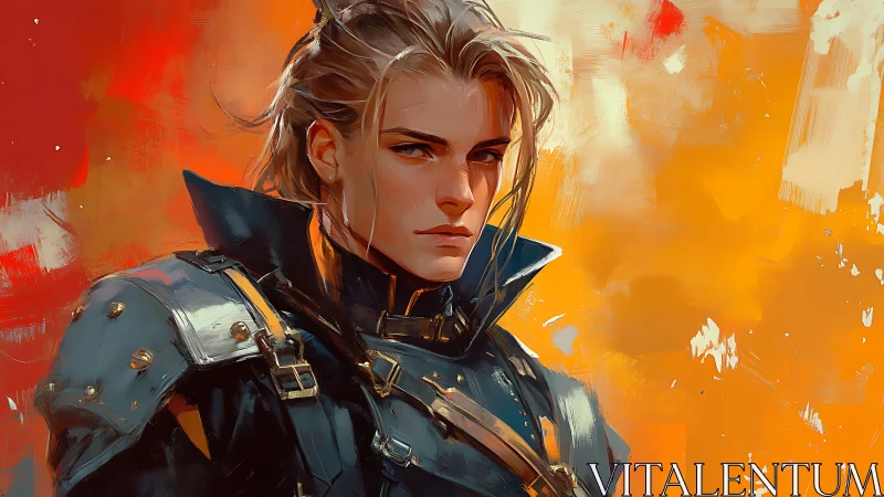 Warrior portrait with molten orange abstract background.