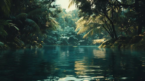 Tropical River with Overhanging Vegetation and Reflected Sunlight.