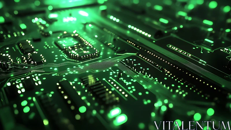Neon green circuit board macro with glowing data pathways.