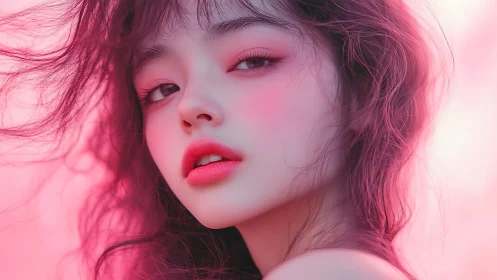 Soft neon daydream girl in windswept rose light haze.