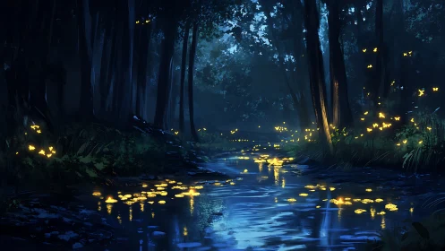 Bioluminescent Forest Stream at Twilight.
